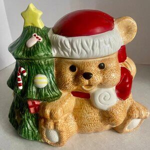 Santa Teddy Bear and Christmas Tree Cookie Jar Canister Vintage 1970's  ADORABLE
